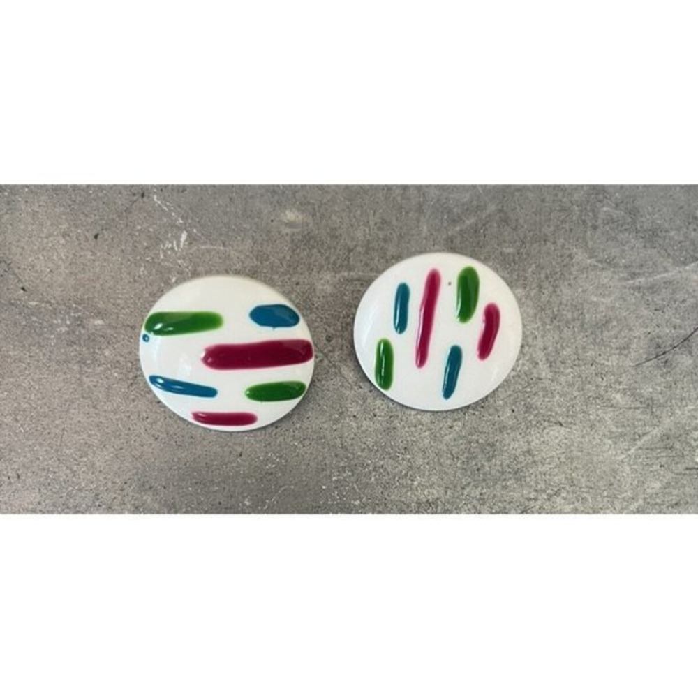 Vintage 80s Colorful Statement Earrings Round Plastic Disc Retro Mod Multicolor